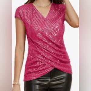 #z010 - Grace Karin Pink Sequined Ruched Sleeveless Surplice V-Neck Top Lined